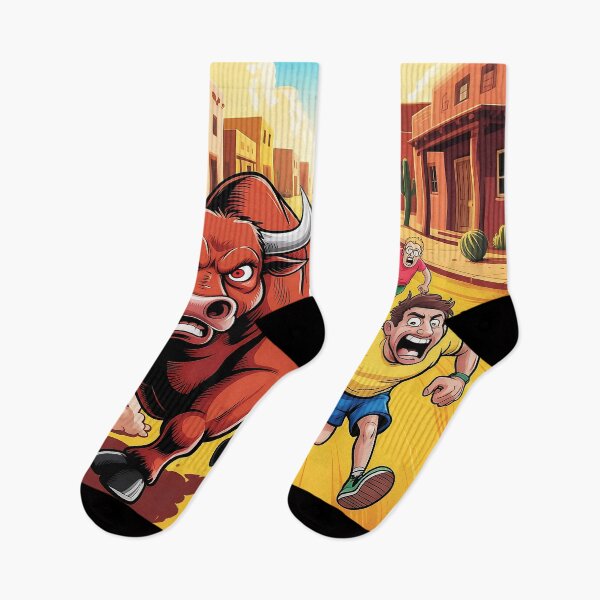 Item preview, Angry Bull Chase - Vibrant Cartoon Illustration with Runners Fleeing designed and sold by Pro AguiZoul Art.