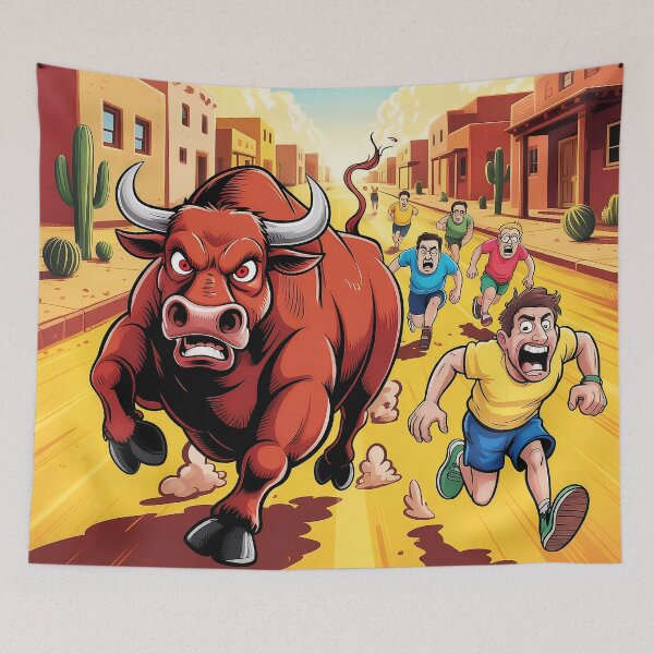 Item preview, Angry Bull Chase - Vibrant Cartoon Illustration with Runners Fleeing designed and sold by Pro AguiZoul Art.
