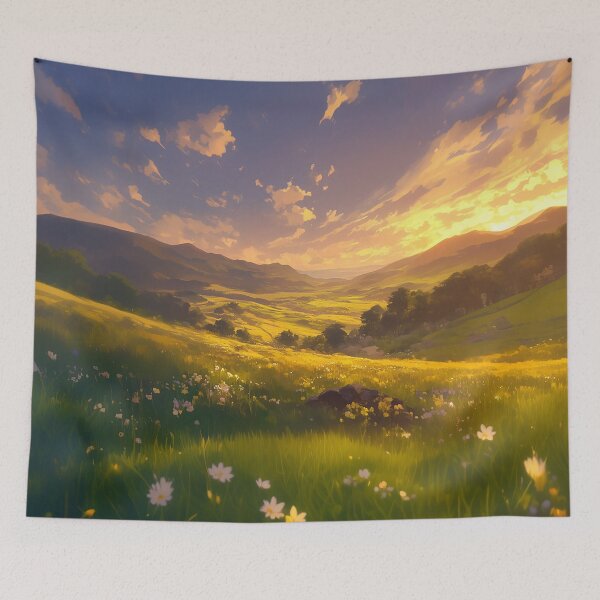 Artikelvorschau, Sonnenbeschienene Blumenwiese unter dramatischem Himmel entworfen und verkauft von Christian Weiss.