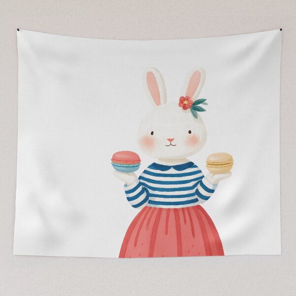 Item preview, Kawaii French Bunny Girl with Macaron Cute Paris Style Illustration designed and sold by BobaBunny76.