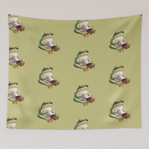 Item preview, Cozy Frog Sipping Tea with Vintage Leather Book designed and sold by FarmOfCuties.