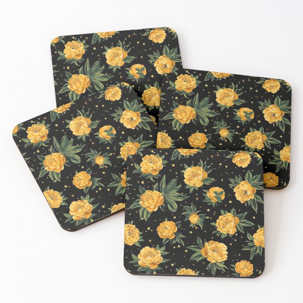 Item preview, Black Seamless Pattern with Yellow Peonies and Gold Dots designed and sold by Erik Visnievskij.