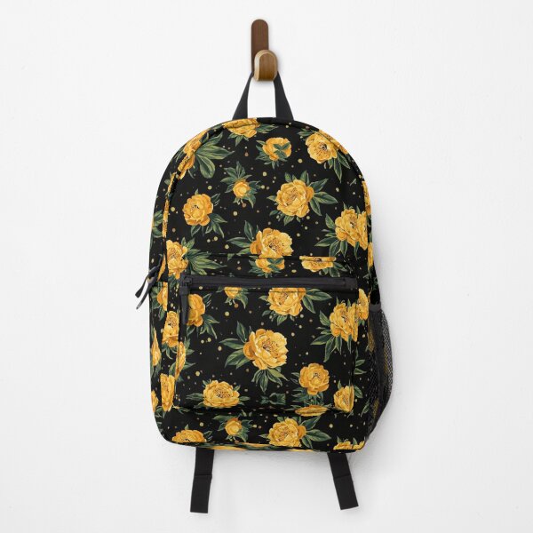 Item preview, Black Seamless Pattern with Yellow Peonies and Gold Dots designed and sold by Erik Visnievskij.
