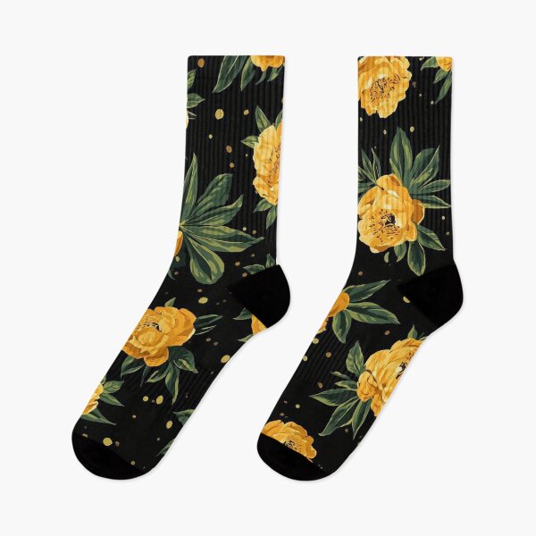 Item preview, Black Seamless Pattern with Yellow Peonies and Gold Dots designed and sold by Erik Visnievskij.
