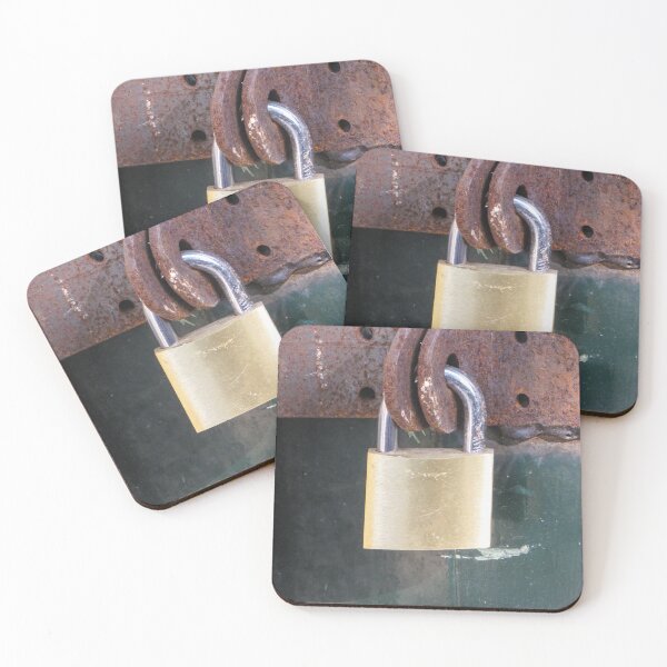 Item preview, Brass Padlock Securing Rusty Metal Hasp on Weathered Green Door, Security and Protection Concept designed and sold by Nmallia.