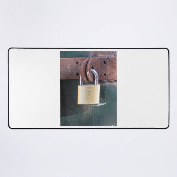Item preview, Brass Padlock Securing Rusty Metal Hasp on Weathered Green Door, Security and Protection Concept designed and sold by Nmallia.