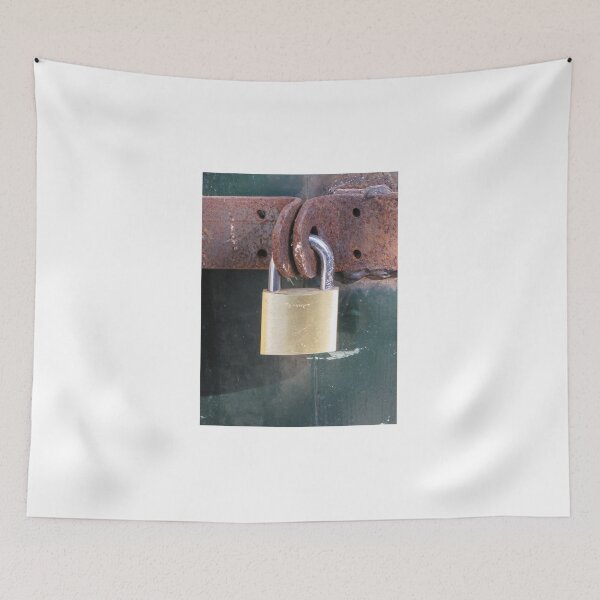 Item preview, Brass Padlock Securing Rusty Metal Hasp on Weathered Green Door, Security and Protection Concept designed and sold by Nmallia.