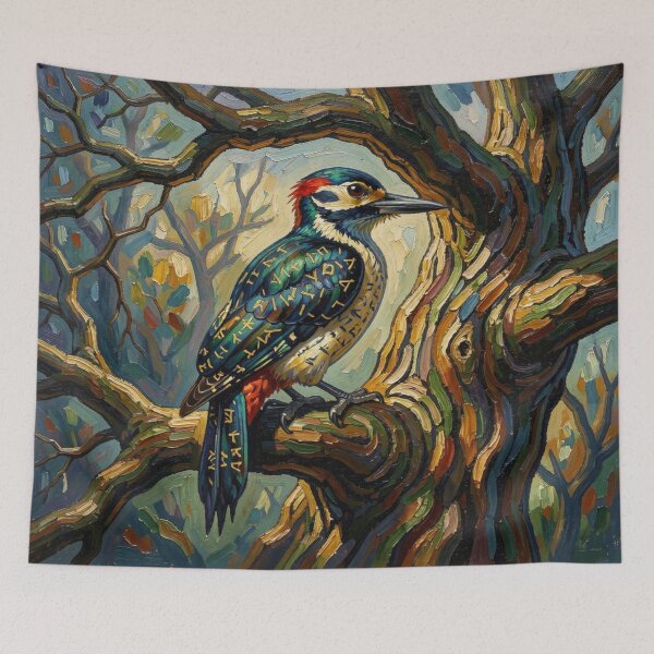 Item preview,  Mystical Woodpecker at Sunset – Runic Feathers and Painterly Forest Magic in Vivid Colors designed and sold by FotoworldEdel.