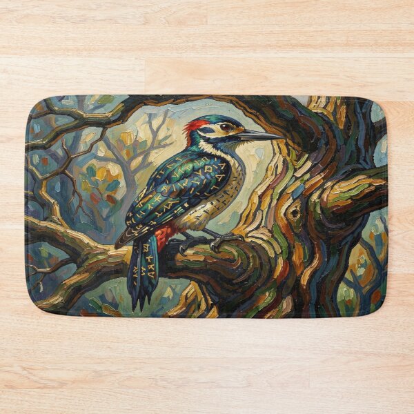 Item preview,  Mystical Woodpecker at Sunset – Runic Feathers and Painterly Forest Magic in Vivid Colors designed and sold by FotoworldEdel.