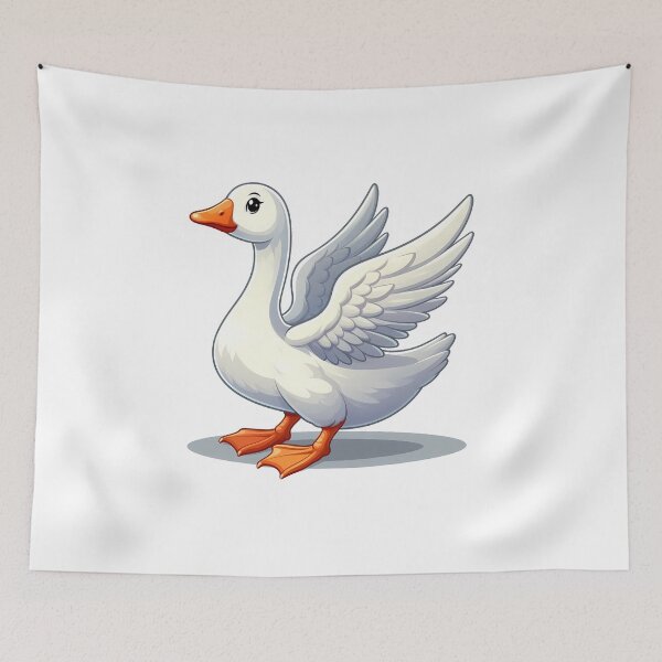 Item preview, A cartoon-style white goose with wings spread, featuring an orange beak and feet. designed and sold by cave-canvas.