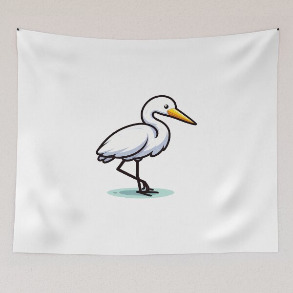 Item preview, A graceful white heron with a yellow beak stands elegantly on one leg. designed and sold by cave-canvas.