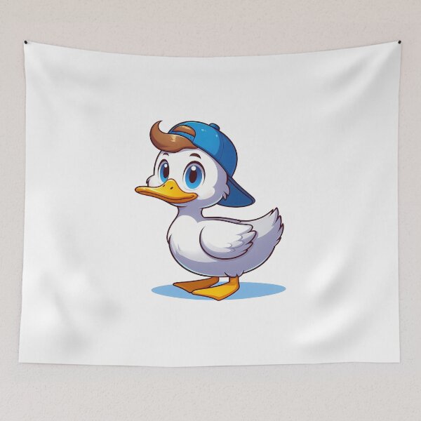 Item preview, Adorable cartoon duck wearing a blue cap, featuring big bright eyes and a cheerful expression. designed and sold by cave-canvas.