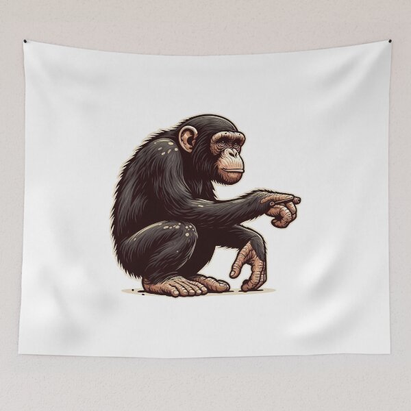 Item preview, A thoughtful chimpanzee sits in profile, pointing with its finger, showcasing intelligent expression. designed and sold by cave-canvas.
