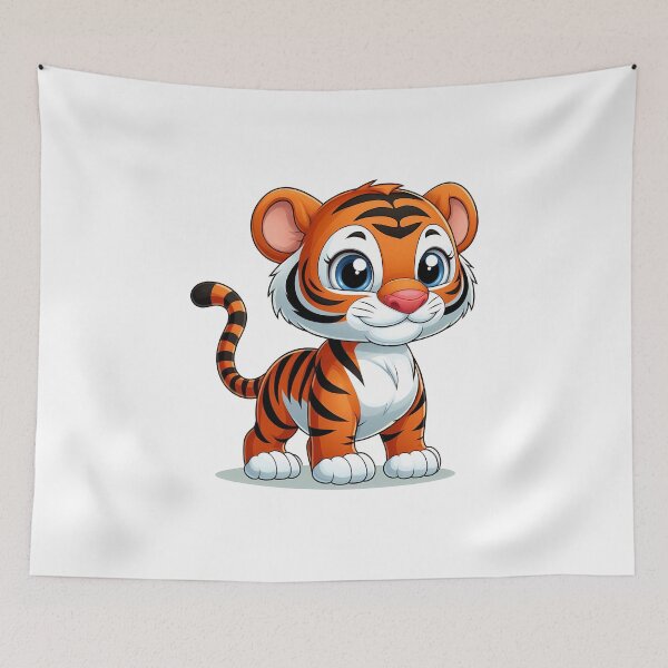 Item preview, Adorable cartoon baby tiger with bright orange and black stripes, big blue eyes, and a cheerful expression. designed and sold by cave-canvas.