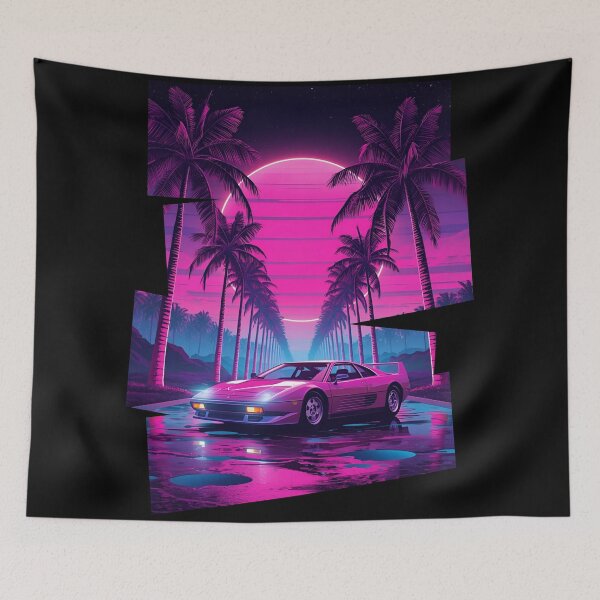 Item preview, Ferrar F40 80s retro-futuristic landscape with palm trees and a sports car neon colors 9 designed and sold by Neon G.