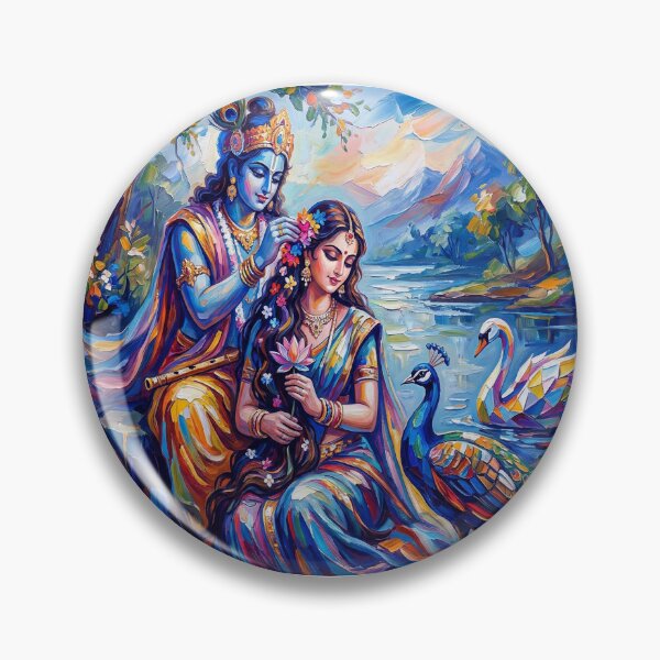 Item preview, Sacred Union of Krishna and Radha in Pastoral Setting with Lotus, Peacock and Geometric Swan Art designed and sold by RadiantRenderArt.