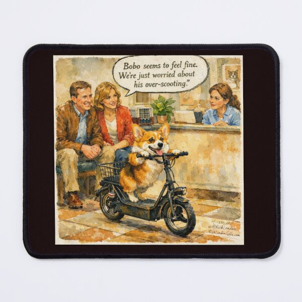 Item preview, Bobo’s Over‑Scooting Adventure – Funny Corgi Vet Cartoon designed and sold by Rick London Gifts.