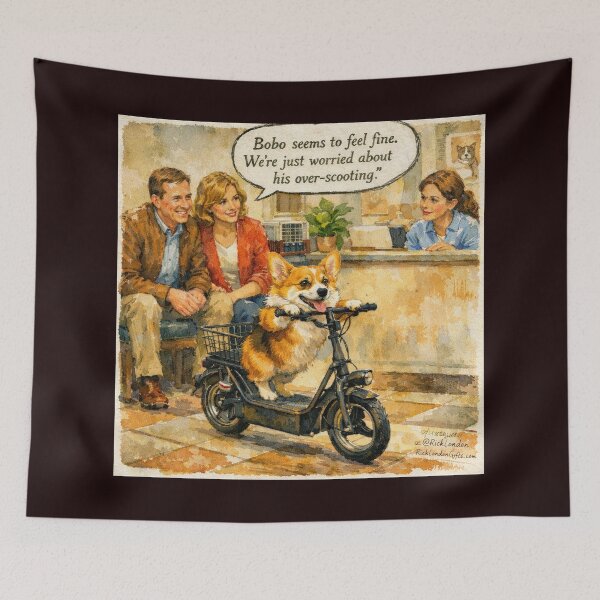 Item preview, Bobo’s Over‑Scooting Adventure – Funny Corgi Vet Cartoon designed and sold by Rick London Gifts.