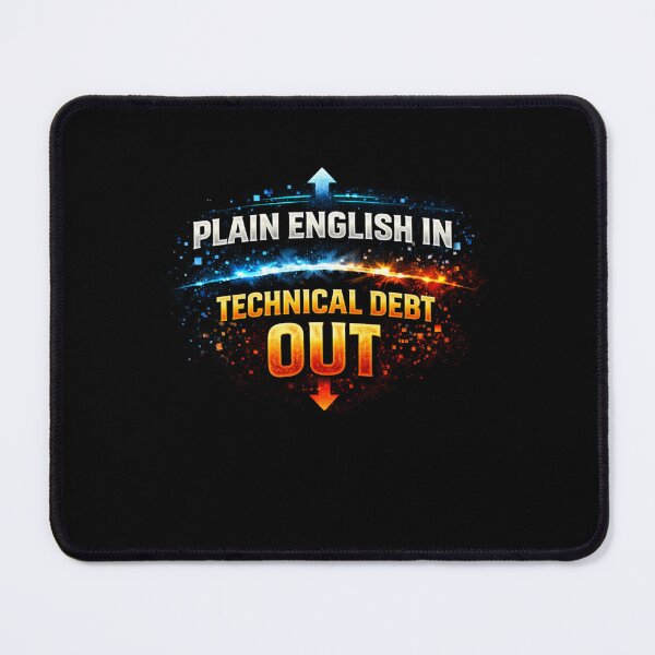 Item preview, Plain English In, Technical Debt Out Funny AI Coding Design designed and sold by FunnyDesignsArt.