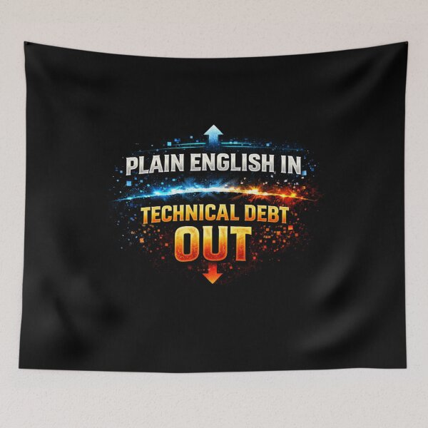 Item preview, Plain English In, Technical Debt Out Funny AI Coding Design designed and sold by FunnyDesignsArt.