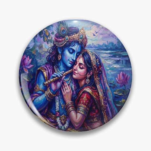 Item preview, Sacred Love Scene of Krishna and Radha Surrounded by Blooming Lotuses and Calm Waters Under Dramatic Sky designed and sold by RadiantRenderArt.