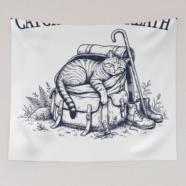 Item preview, Catching My Breath Cat Hiking Shirt – Funny Tired Hiker Cat – Vintage Engraving Outdoor Animal Design designed and sold by TeeVerse27.