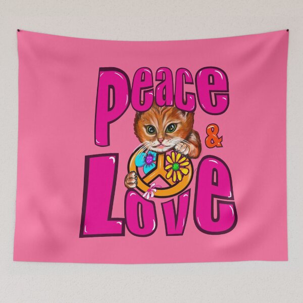 Item preview, Peace & Love Cat Vintage Retro 70s Pink Floral Aesthetic with Cute Kitten designed and sold by Artonmytee.