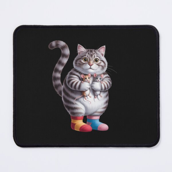 Item preview, gray cat with a long tail, wearing colorful socks holding two mice in its paws designed and sold by 123ks.