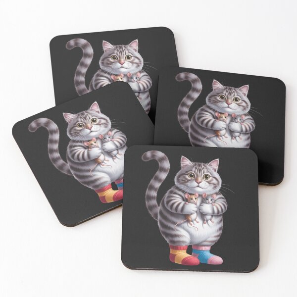 Item preview, gray cat with a long tail, wearing colorful socks holding two mice in its paws designed and sold by 123ks.