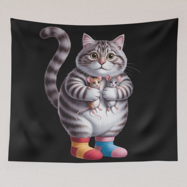 Item preview, gray cat with a long tail, wearing colorful socks holding two mice in its paws designed and sold by 123ks.