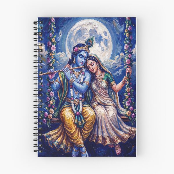 Item preview, Sacred Union of Krishna and Radha on Blossom Swing Beneath Glowing Moon in Ethereal Nightscape designed and sold by RadiantRenderArt.