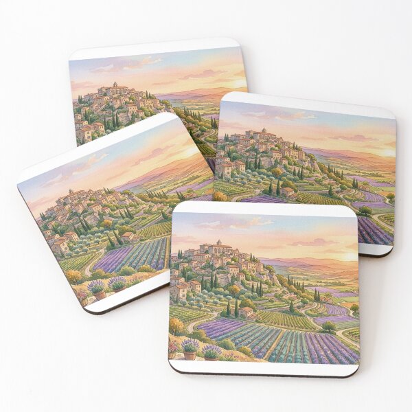 Item preview, Hilltop Provence Village at Sunset – Lavender Fields Watercolor designed and sold by MaisonMaria.