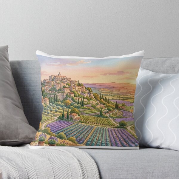 Item preview, Hilltop Provence Village at Sunset – Lavender Fields Watercolor designed and sold by MaisonMaria.