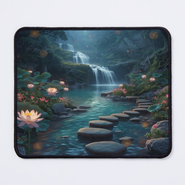 Item preview, Enchanted Waterfall Lotus Garden – Tranquil Forest Stream designed and sold by freedomanywere.