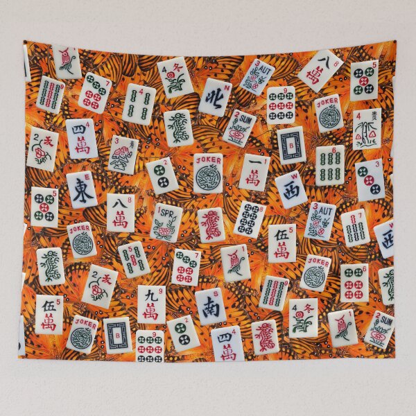 Item preview, Mahjong tiles (symbols) on orange butterflies pattern designed and sold by Zina Stromberg.