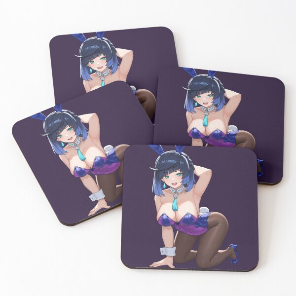 Item preview, Playful Kneeling Bunny Pinup – Cheerful Blue-Haired Glamour in Glossy Purple Suit designed and sold by Jimakmo.