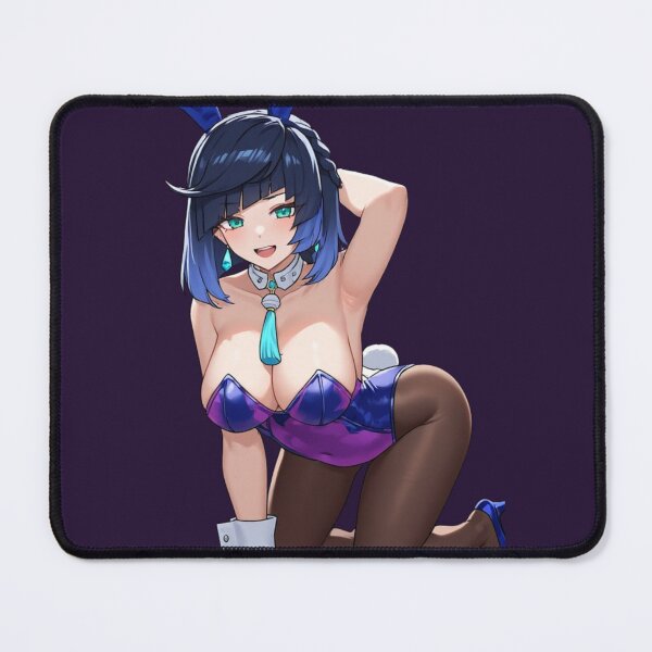 Item preview, Playful Kneeling Bunny Pinup – Cheerful Blue-Haired Glamour in Glossy Purple Suit designed and sold by Jimakmo.