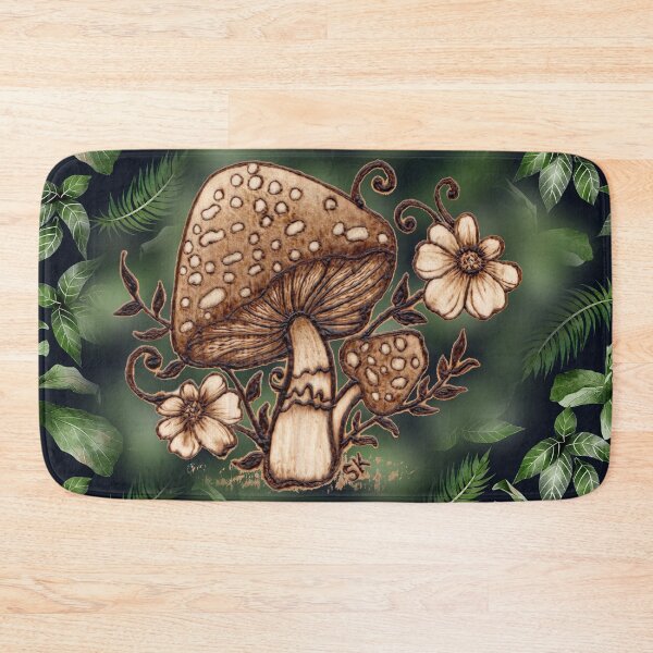Item preview, Mushrooms and Flowers Woodburn with Leaves designed and sold by MoodyMuseArt.