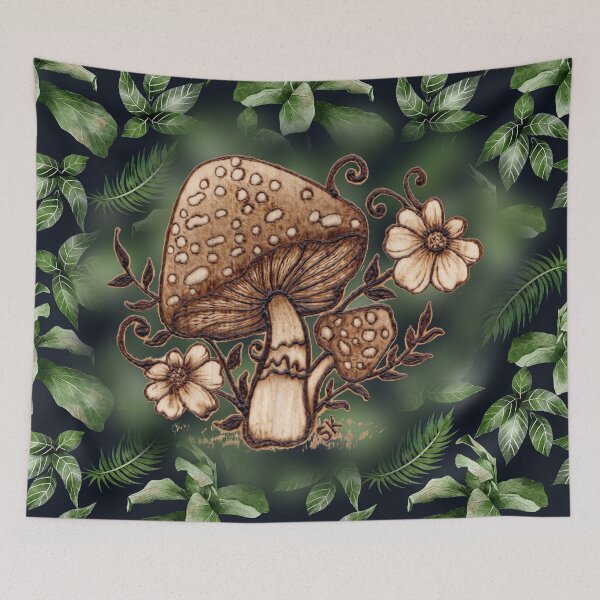 Item preview, Mushrooms and Flowers Woodburn with Leaves designed and sold by MoodyMuseArt.
