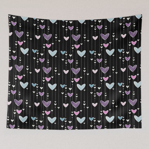 Item preview, Colorful Hanging Hearts on Black - Pastel Dangling Hearts Pattern Illustration designed and sold by TheArtOfTreble.