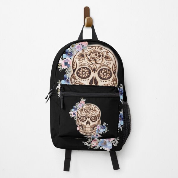 Item preview, Sugar Skull Woodburn Indigo Pink Flowers designed and sold by MoodyMuseArt.