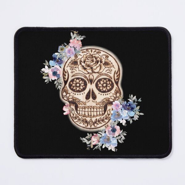 Item preview, Sugar Skull Woodburn Indigo Pink Flowers designed and sold by MoodyMuseArt.