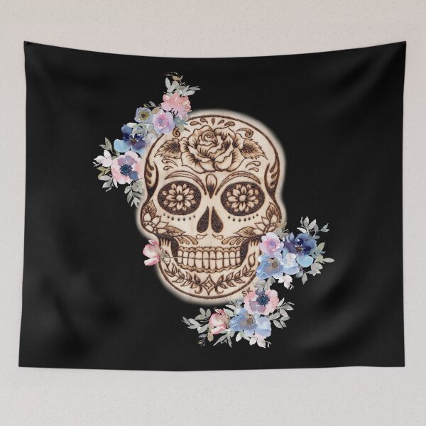 Item preview, Sugar Skull Woodburn Indigo Pink Flowers designed and sold by MoodyMuseArt.