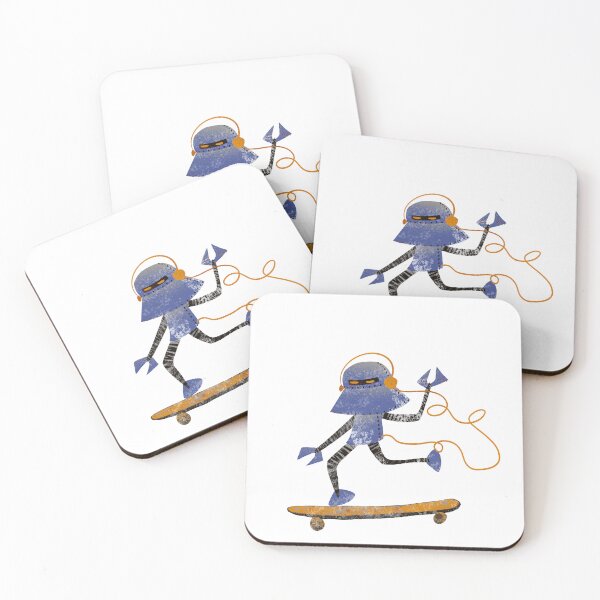 Item preview, Robot Knight on Skateboard - Retro Blue Orange Headphones Skater Illustration designed and sold by TheArtOfTreble.