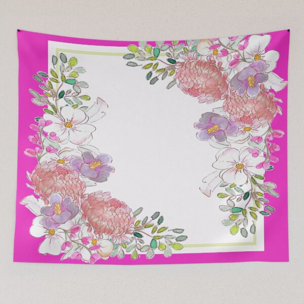 Item preview, Fuchsia scarf with bouquet of chrysanthemums designed and sold by estilolukino.