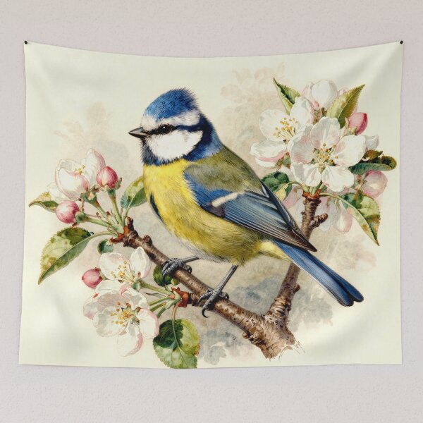 Item preview, Blue Tit on Blossom Branch – Vintage Natural History Bird Illustration designed and sold by AnimalAirtistry.