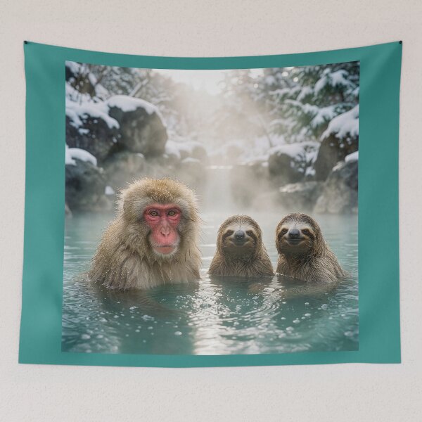 Item preview, Snow Monkey Welcomes Sloth Friends in Onsen designed and sold by Tridentulus.