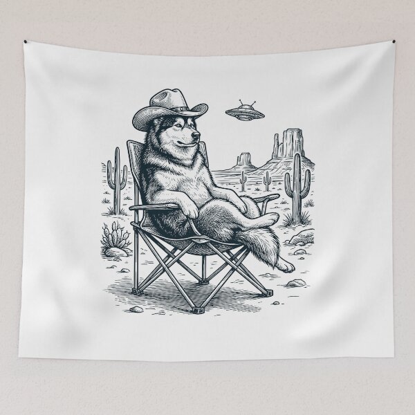 Item preview, Vintage Alaskan Malamute Cowboy UFO Western Alien Dog Lover designed and sold by DoodleTortle.