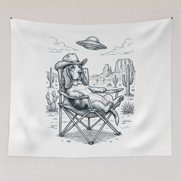 Item preview, Vintage Basset Hound Cowboy UFO Western Alien Dog Lover designed and sold by DoodleTortle.