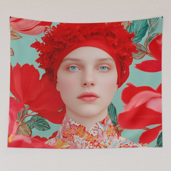 Item preview, Woman Portrait in Floral Blouse and Red Flower Headband designed and sold by Mindrender.